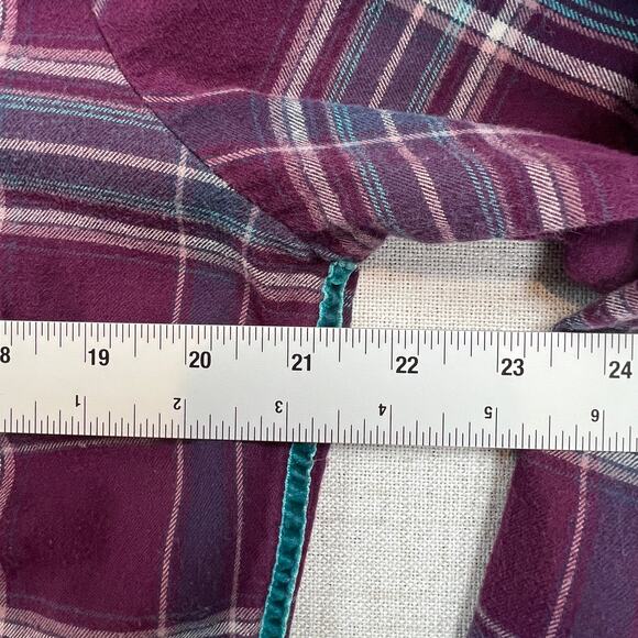 Kuhl Womens Flannel Shirt Long Sleeve 1/2 Snap Button Purple Teal Plaid Large - Picture 9 of 11